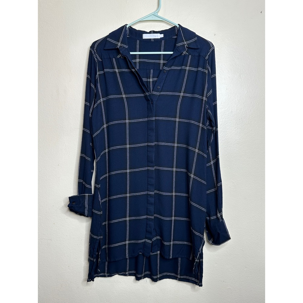 Anne Fontaine Button Down Shirt Daya Navy Blue Windowpane Plaid Viscose 42 US 10